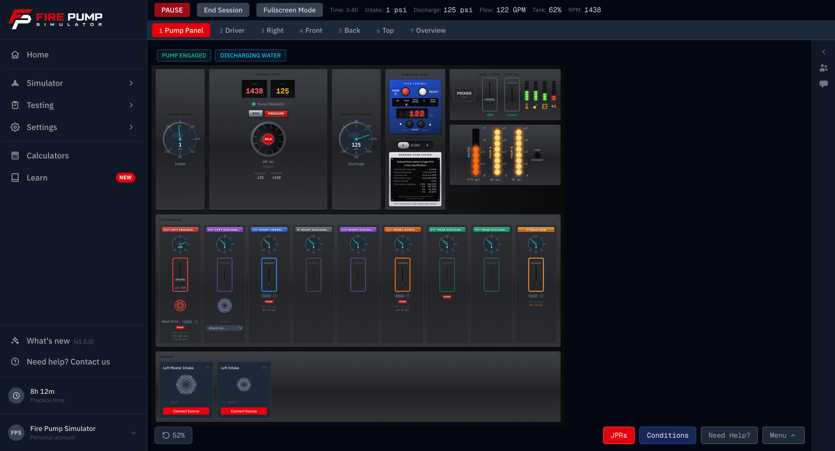 Fire Pump Simulator pump panel: master intake and discharge gauges, throttle and RPM controls, nine individual discharge valves with gauges, tank and primer controls, and intake hookups for hydrant, static source, and relay supply.