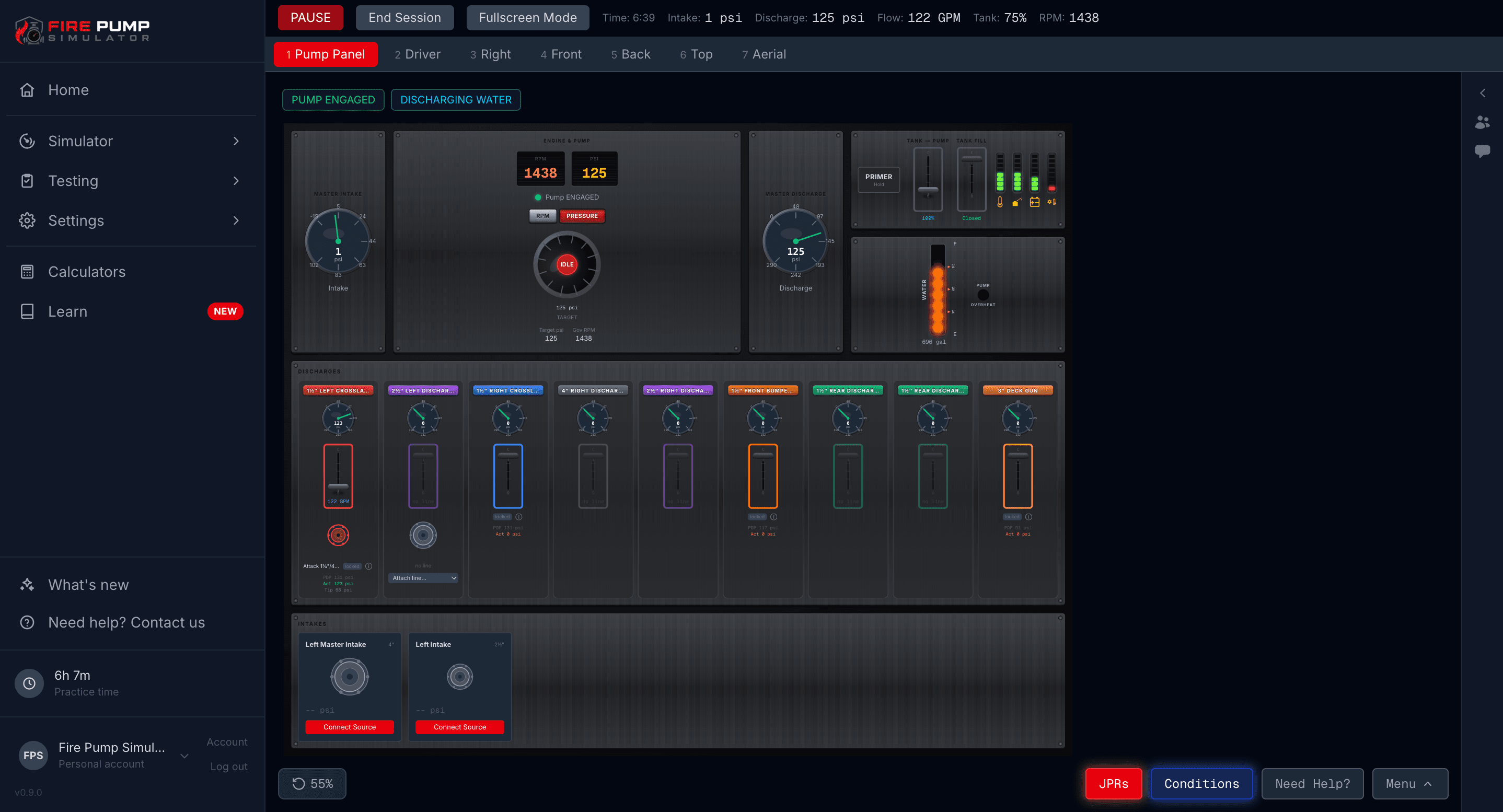 Fire Pump Simulator pump panel: discharge pressure gauges, intake gauge, throttle and RPM controls, eight individual discharge line valves, and a water source sidebar with hydrant, static source, and direct pumping/nurse unit options.